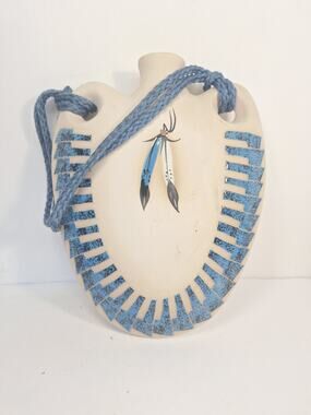 Vintage Navajo Pottery Canteen Signed Marilyn Wiley. Feathers and Turquoise.